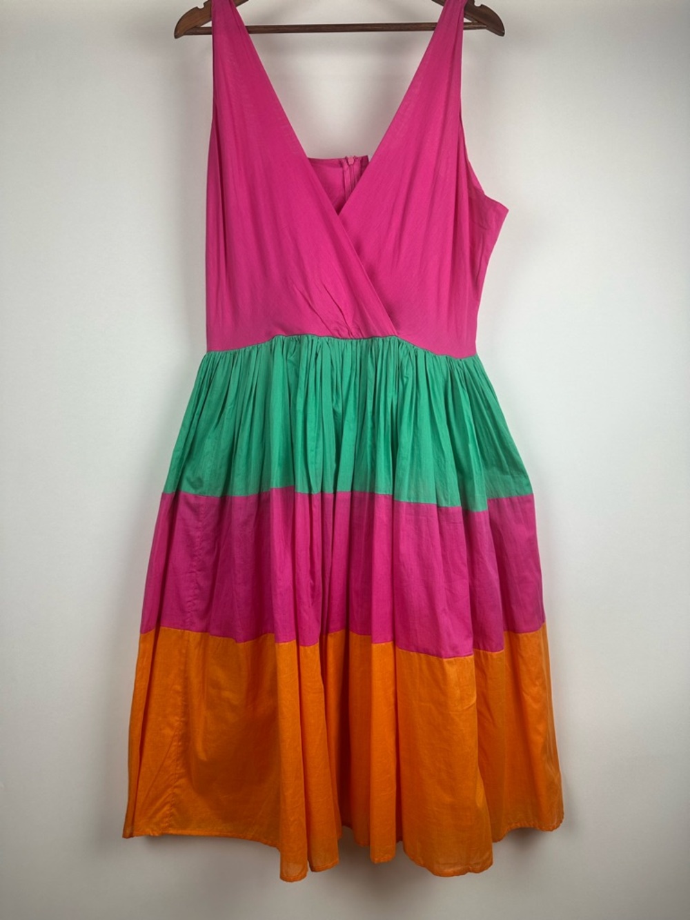 Mira Colorblock Cotton Midi Dress Pink Green Orange Boho Fit & Flare Size XL